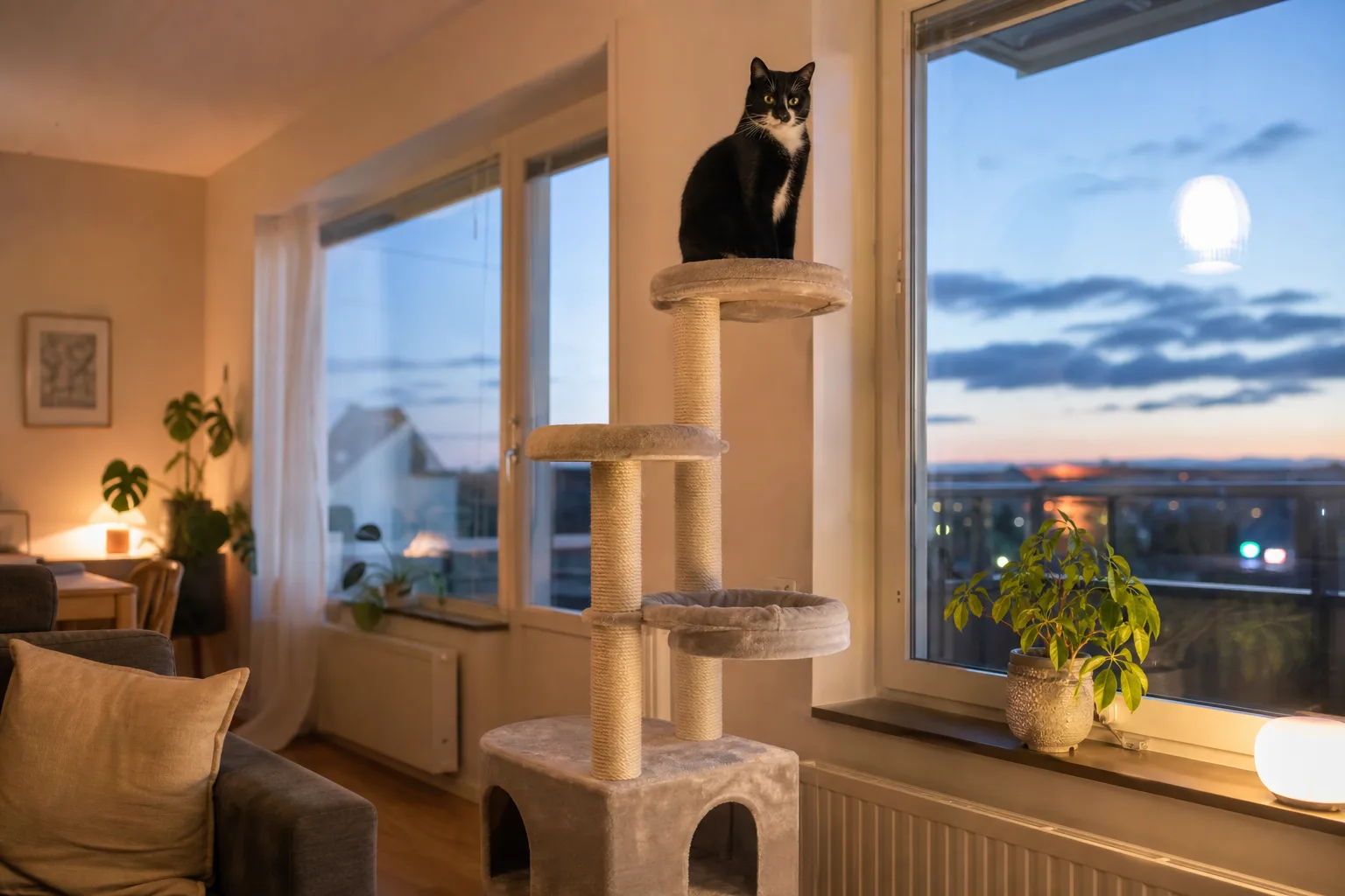 Svartvit katt sitter på översta plattformen av ett flervånings katträd i kvällsbelysning