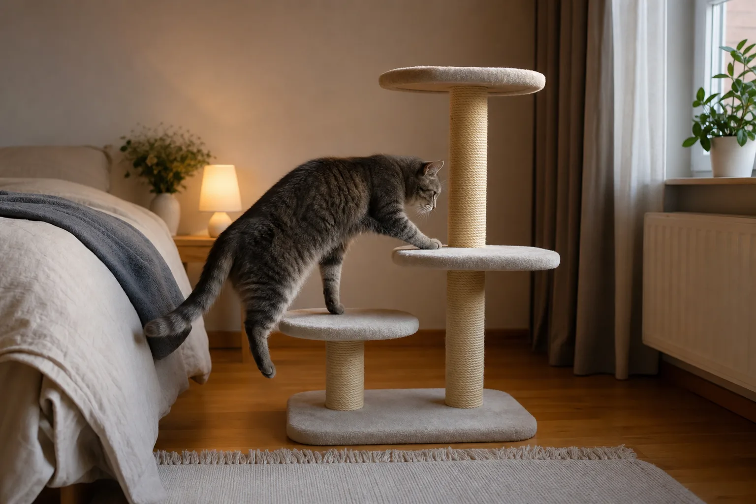 Äldre katt kliver försiktigt upp ett lågt steg på ett klösträd med breda plattformar