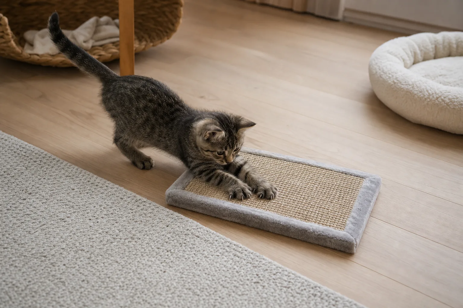 Kattunge provar att klösa på en låg mjuk klösbräda i en lekhörna