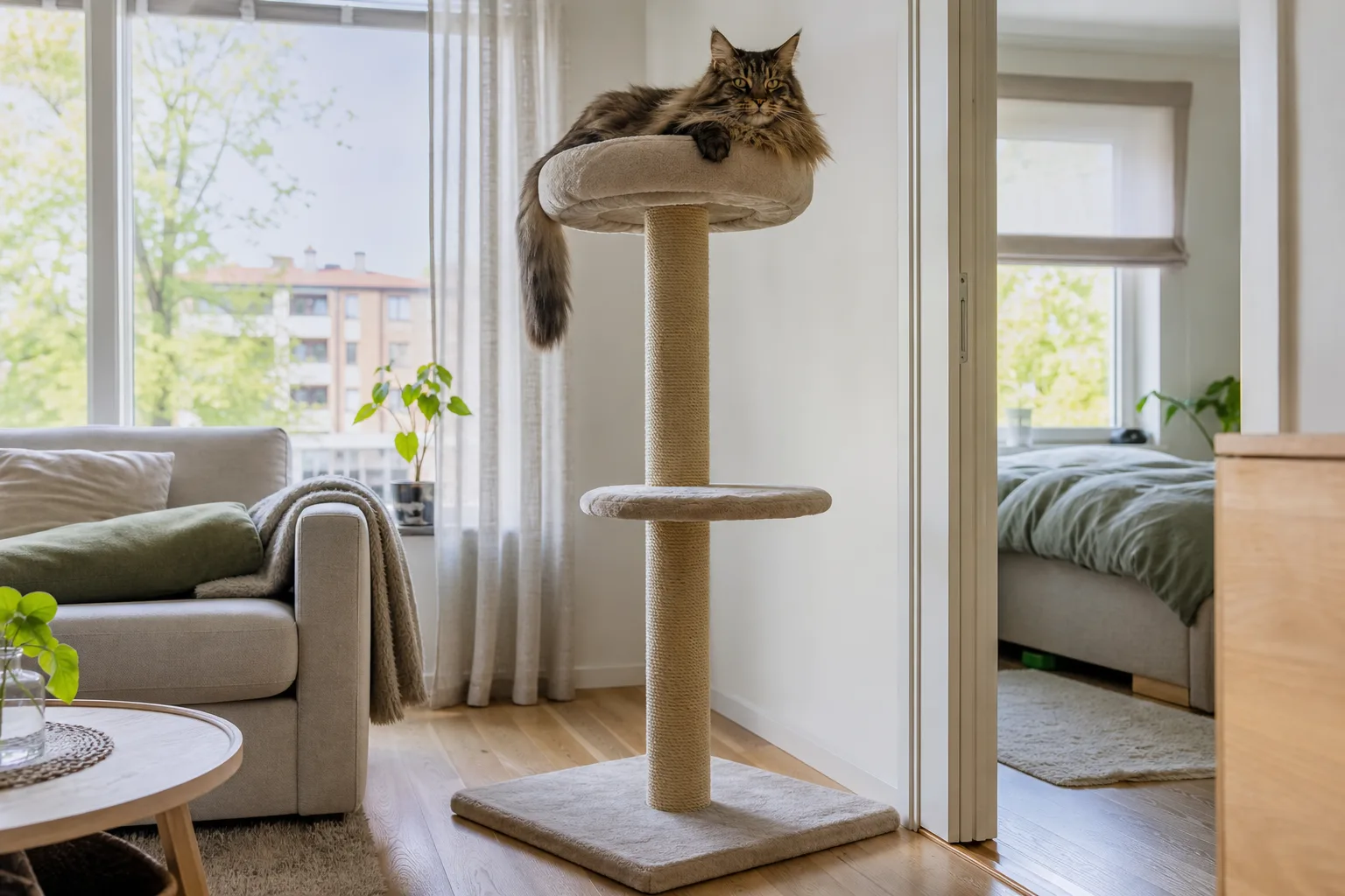 Stor långhårig katt ligger på översta plattformen av ett högt klösträd med bred bas