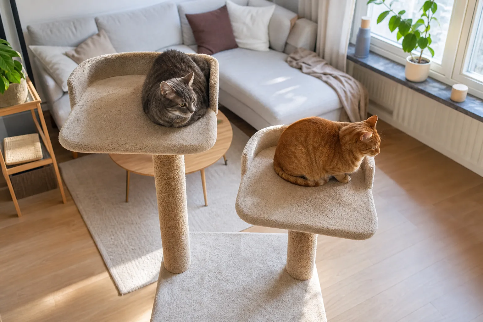En grå och en röd katt sitter var sin plattform på ett brett klösträd