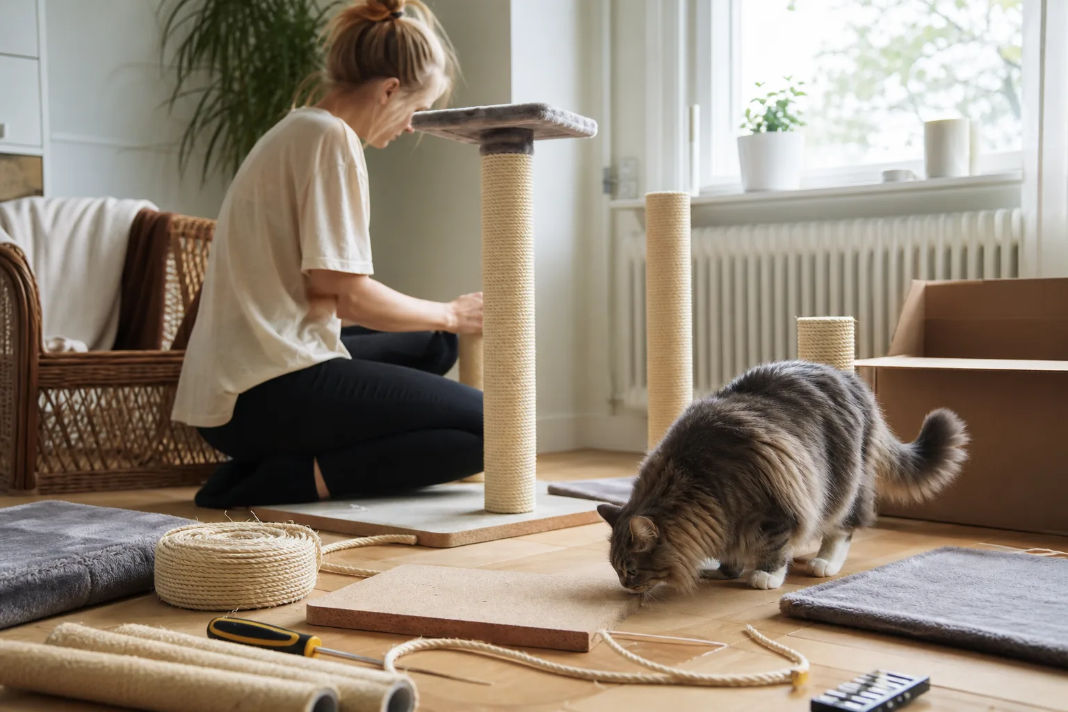 Spånskiva, sisalrep och verktyg ligger utlagda medan en nyfiken katt sniffar på materialet