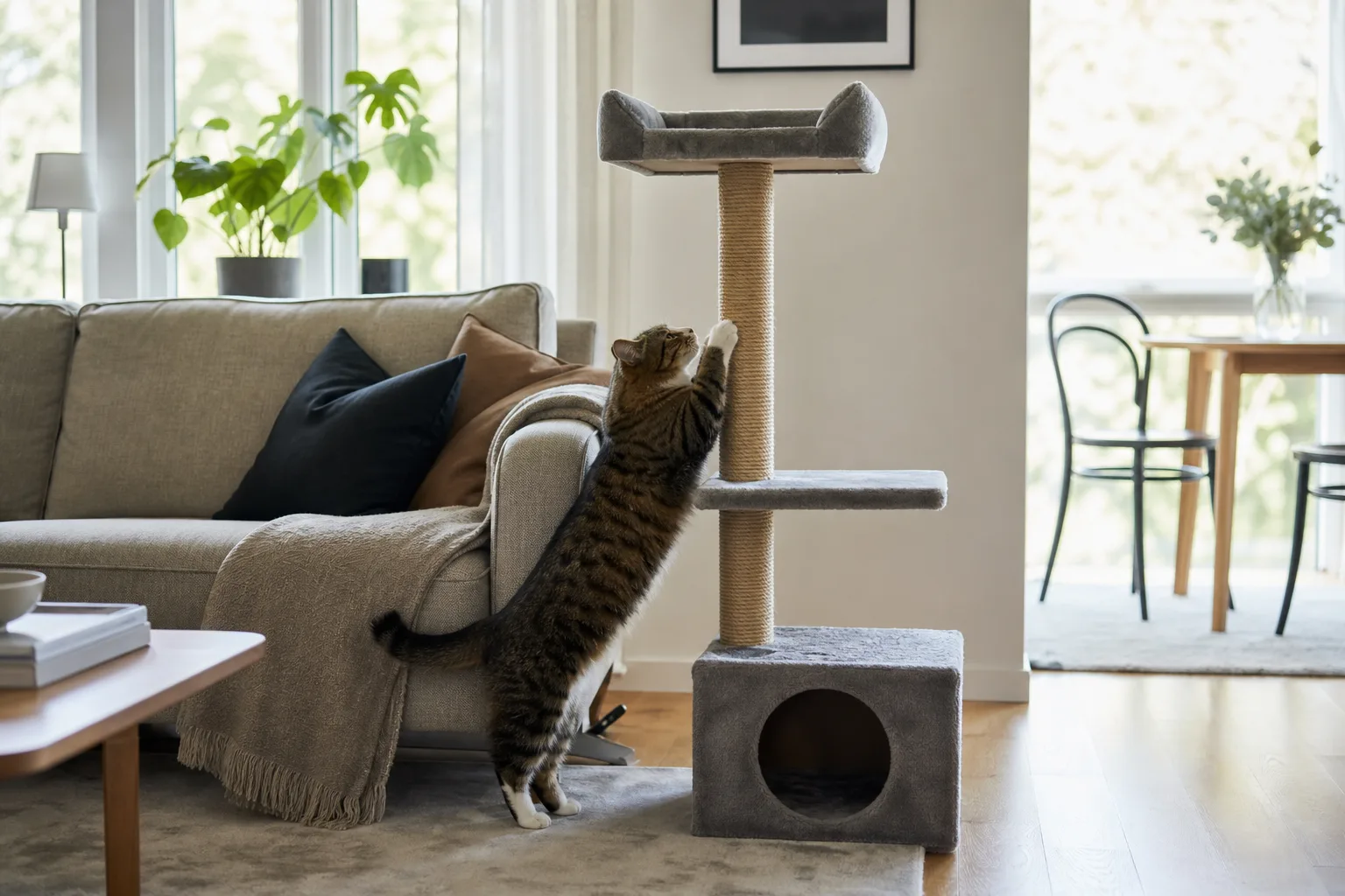 Katt klöser på soffans armstöd med ett oanvänt klösträd synligt en bit bort