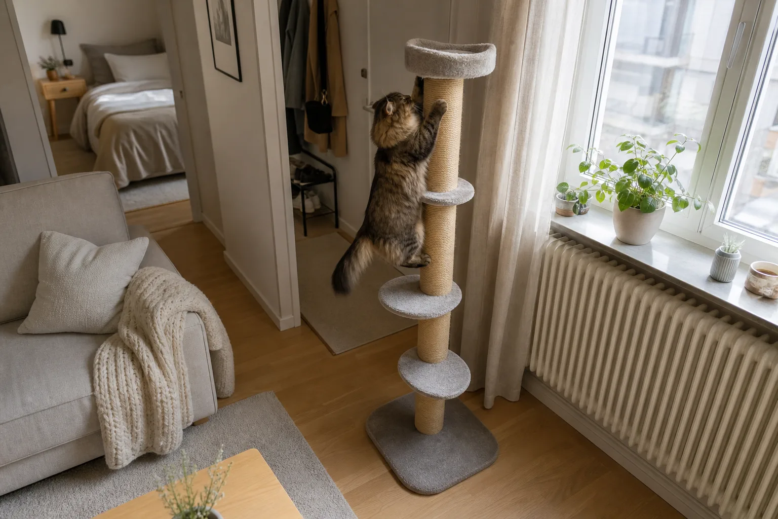 Katt klättrar uppåt på en smal hög klöspelare i en liten enrumslägenhet