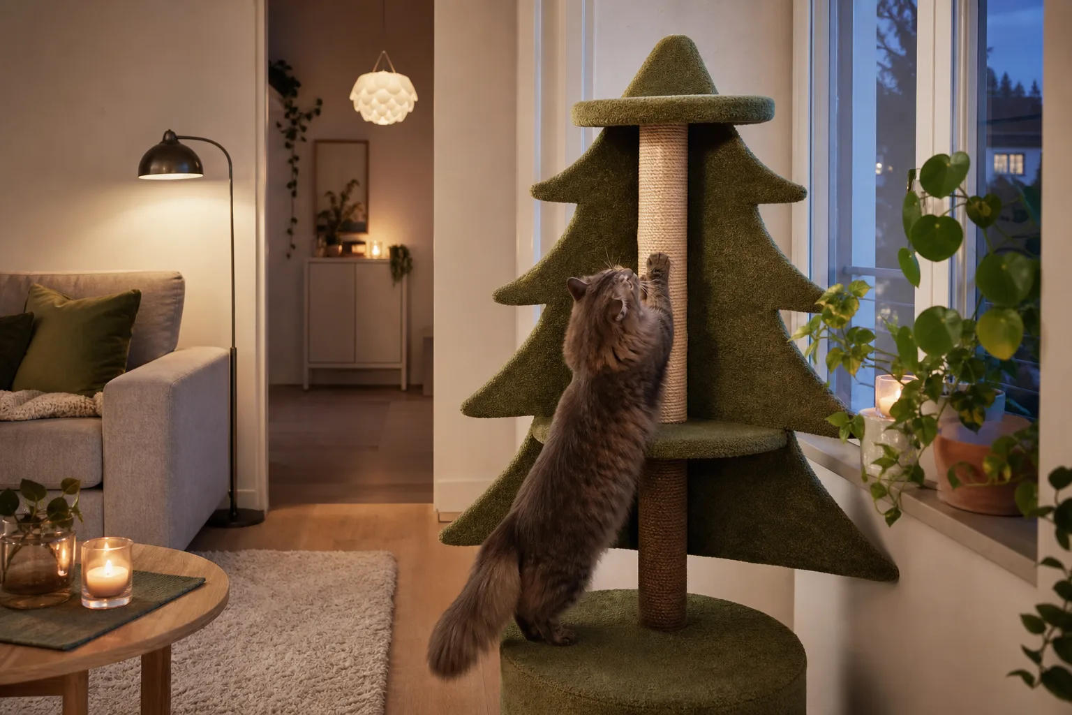 Katt klättrar bland grenarna på en klösmöbel formad som en julgran