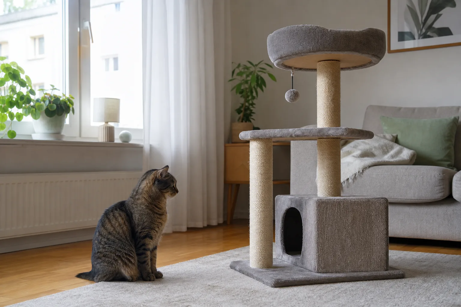Katt sitter och betraktar ett nytt klösträd utan att ännu använda det