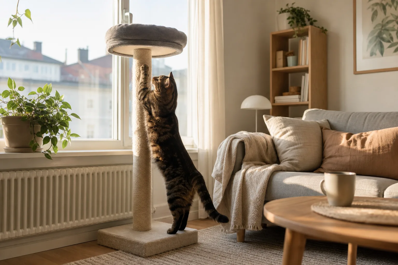 Katt klöser på ett klösträd som står precis vid ett solbelyst fönster