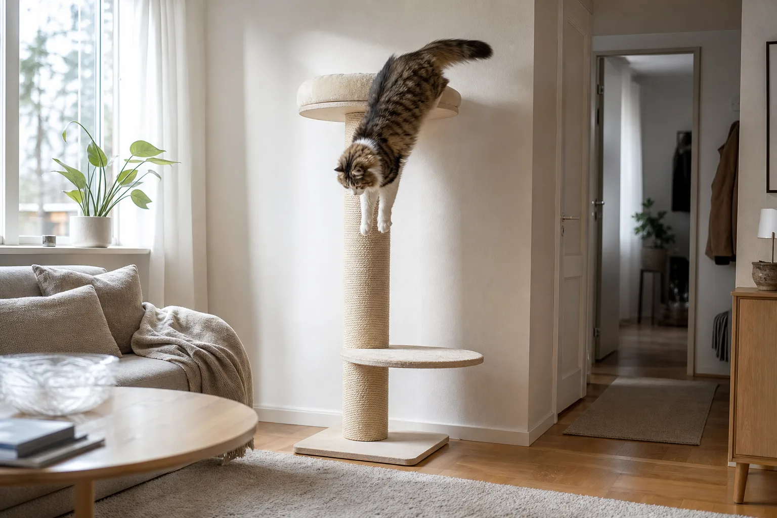 Katt hoppar ner från toppen av ett högt klösträd som står helt stadigt