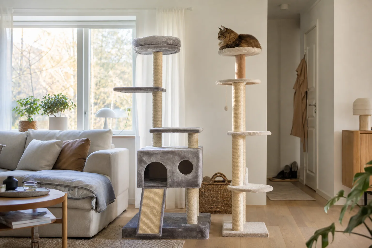 Två höga klösträd bredvid varandra i ett vardagsrum, en stor katt på det bredare trädet