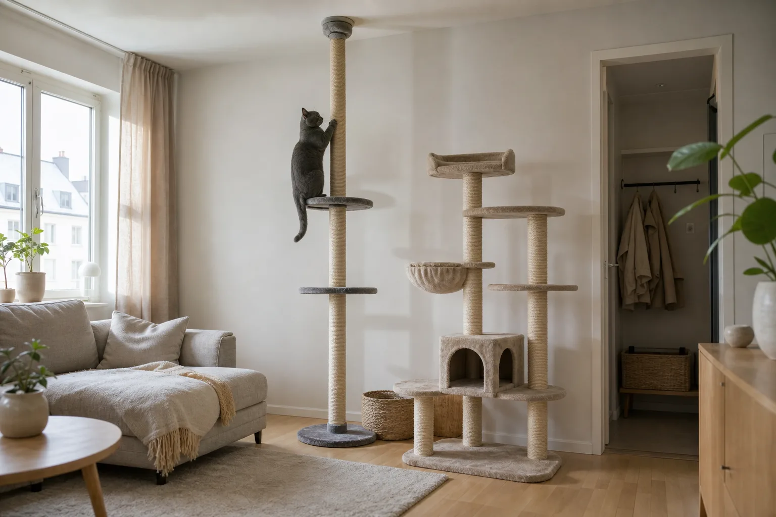 Takspänd klöspelare intill ett fristående högt klösträd i en lägenhet med katt på väg upp