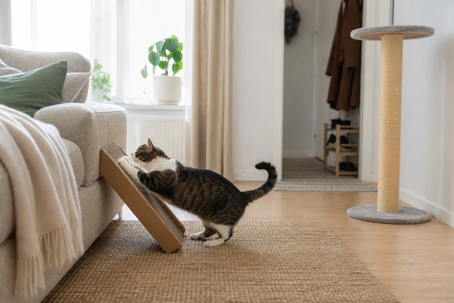 Klösbräda i kartong lutad mot soffan och en klöspelare i sisal i bakgrunden
