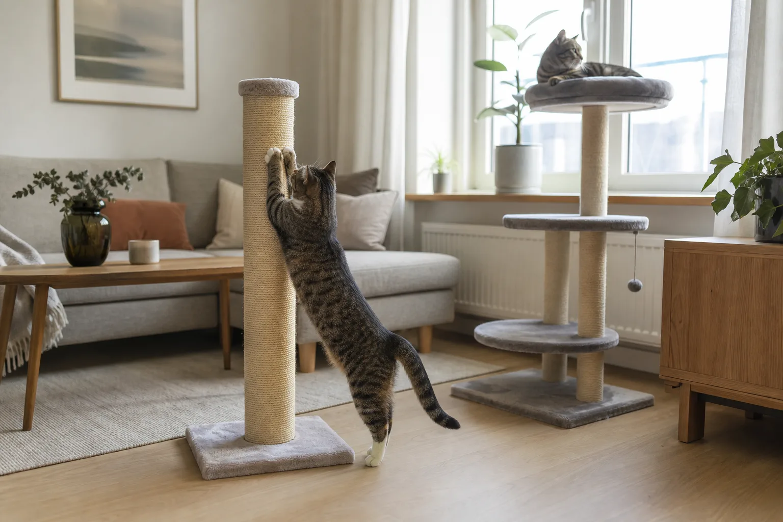 Klöspelare och klösträd med plattformar bredvid varandra, en katt sträcker sig mot pelaren