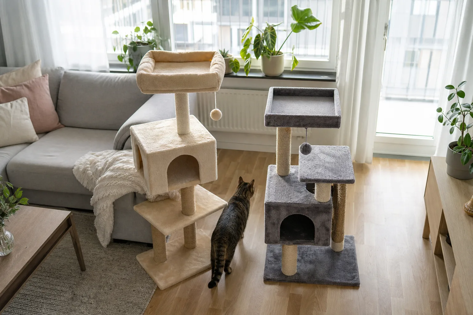 Katt vandrar mellan två olika klösträd uppställda sida vid sida