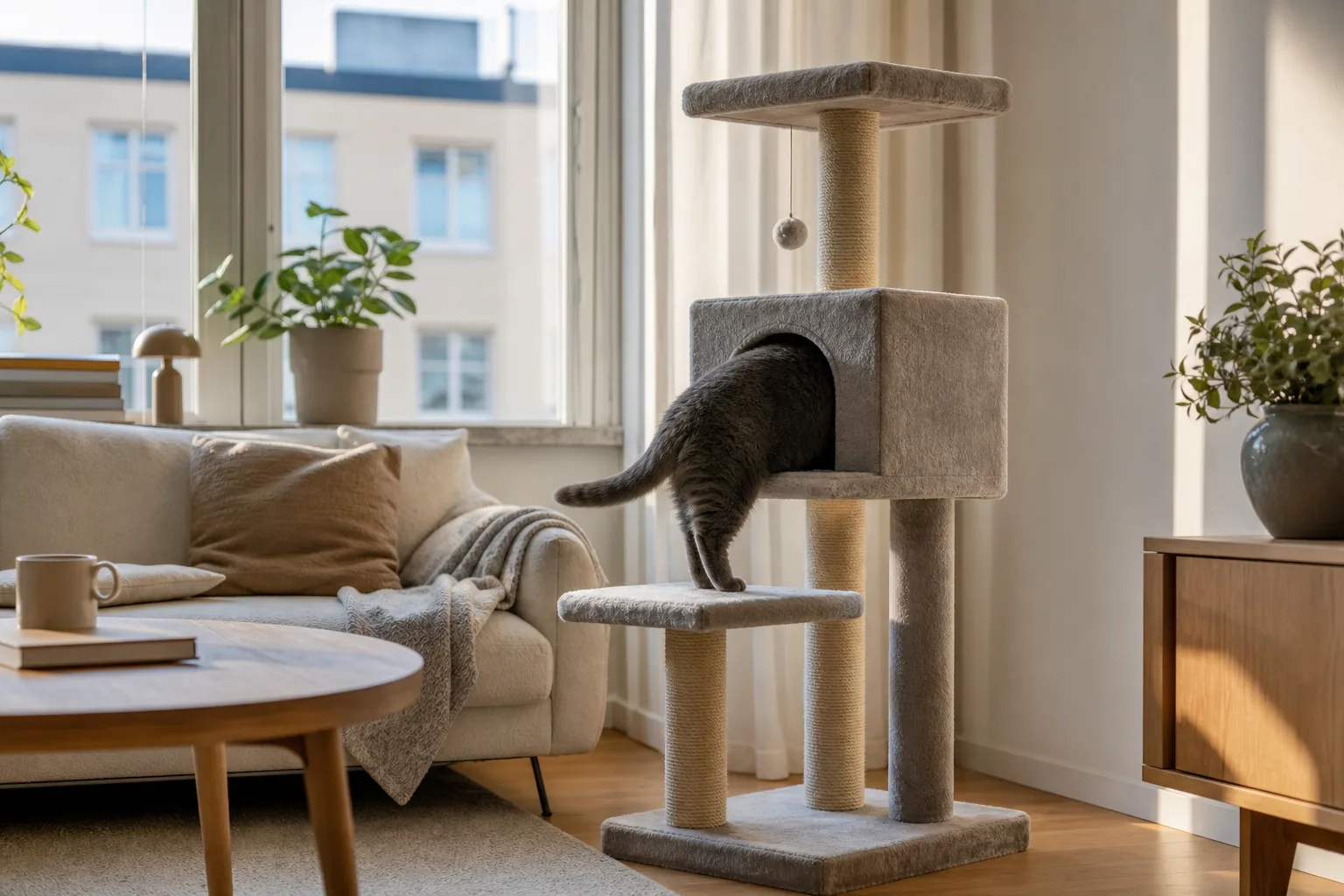 Grå katt kryper in i kojan på ett klösträd med mjuk textilklädsel