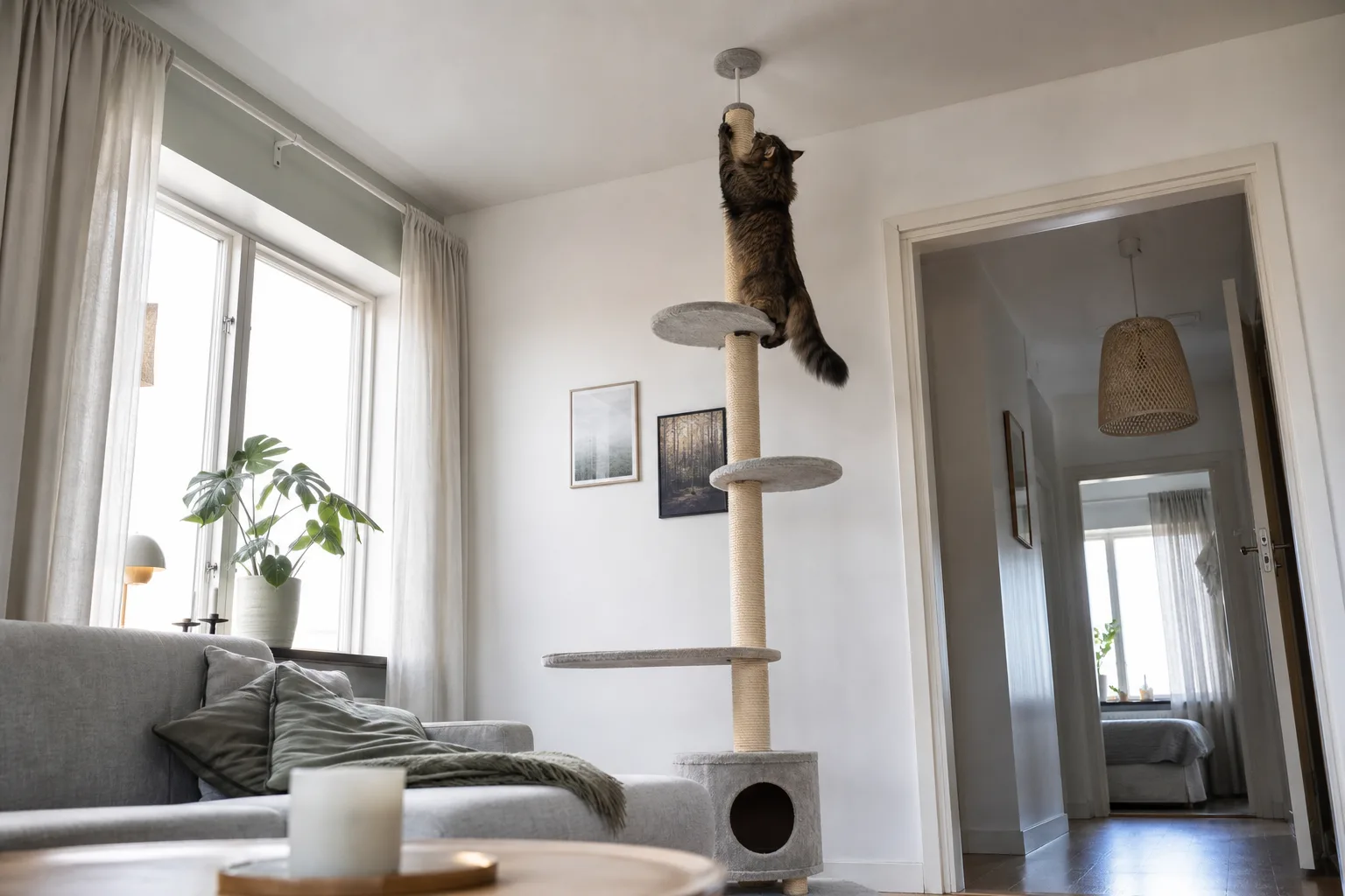 Stor långhårig katt klättrar ända upp på en extra hög golv-till-tak-pelare