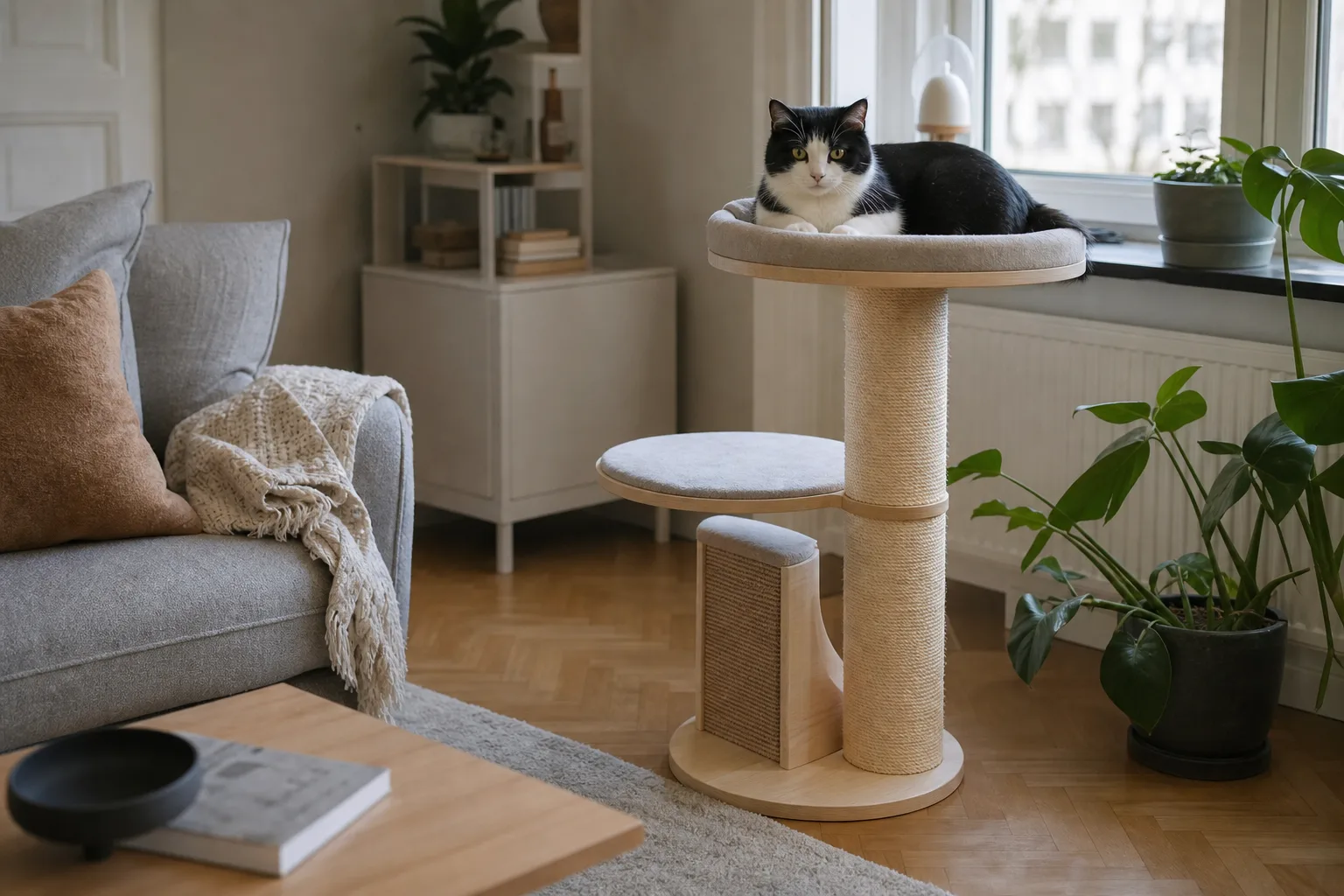 Svartvit katt vilar på en avsats av en designad klösmöbel i ljust trä