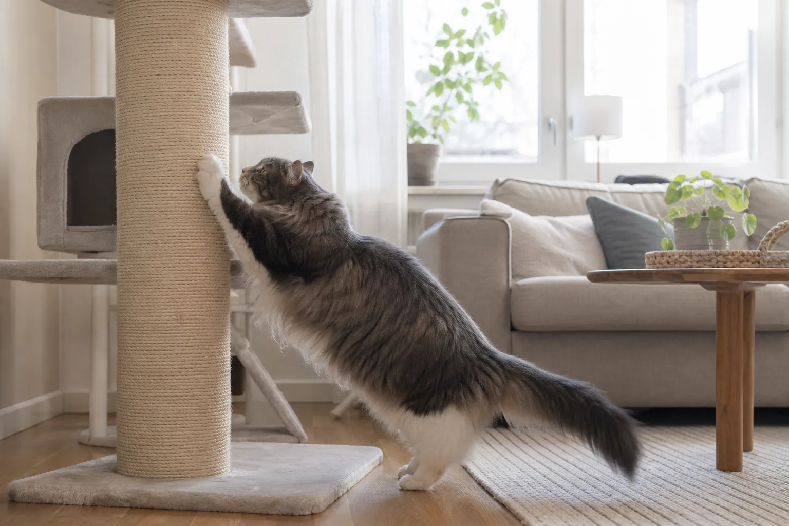 Stor katt klöser med full kraft på en extra tjock och kraftig pelare