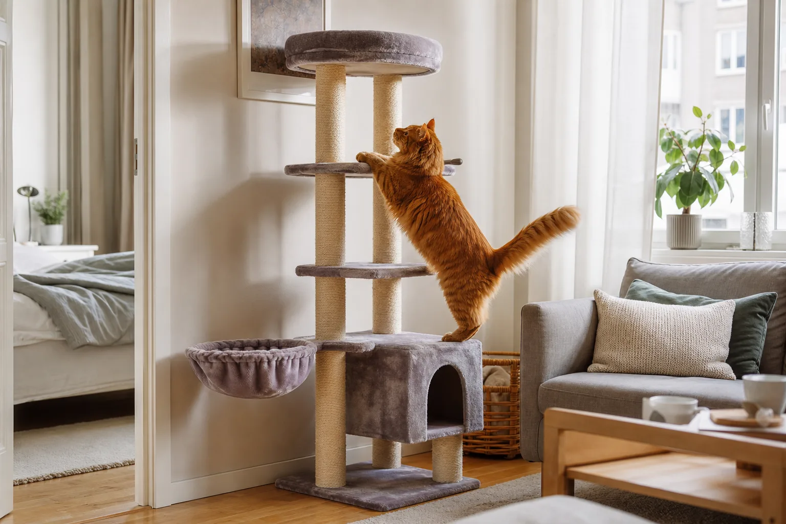 Röd katt rör sig mellan flera nivåer på ett klösträd med sisalklädda pelare