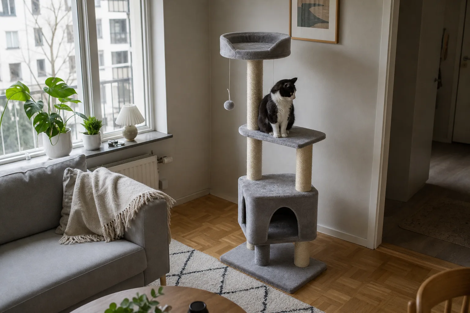 Svartvit katt sitter på mellanplattformen av ett mellanstort klösträd