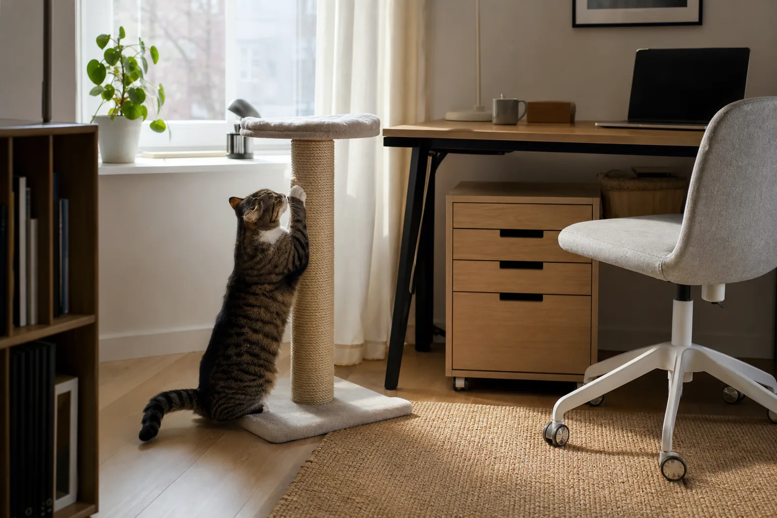 Huskatt klöser på en neutral klöspelare bredvid ett skrivbord hemma