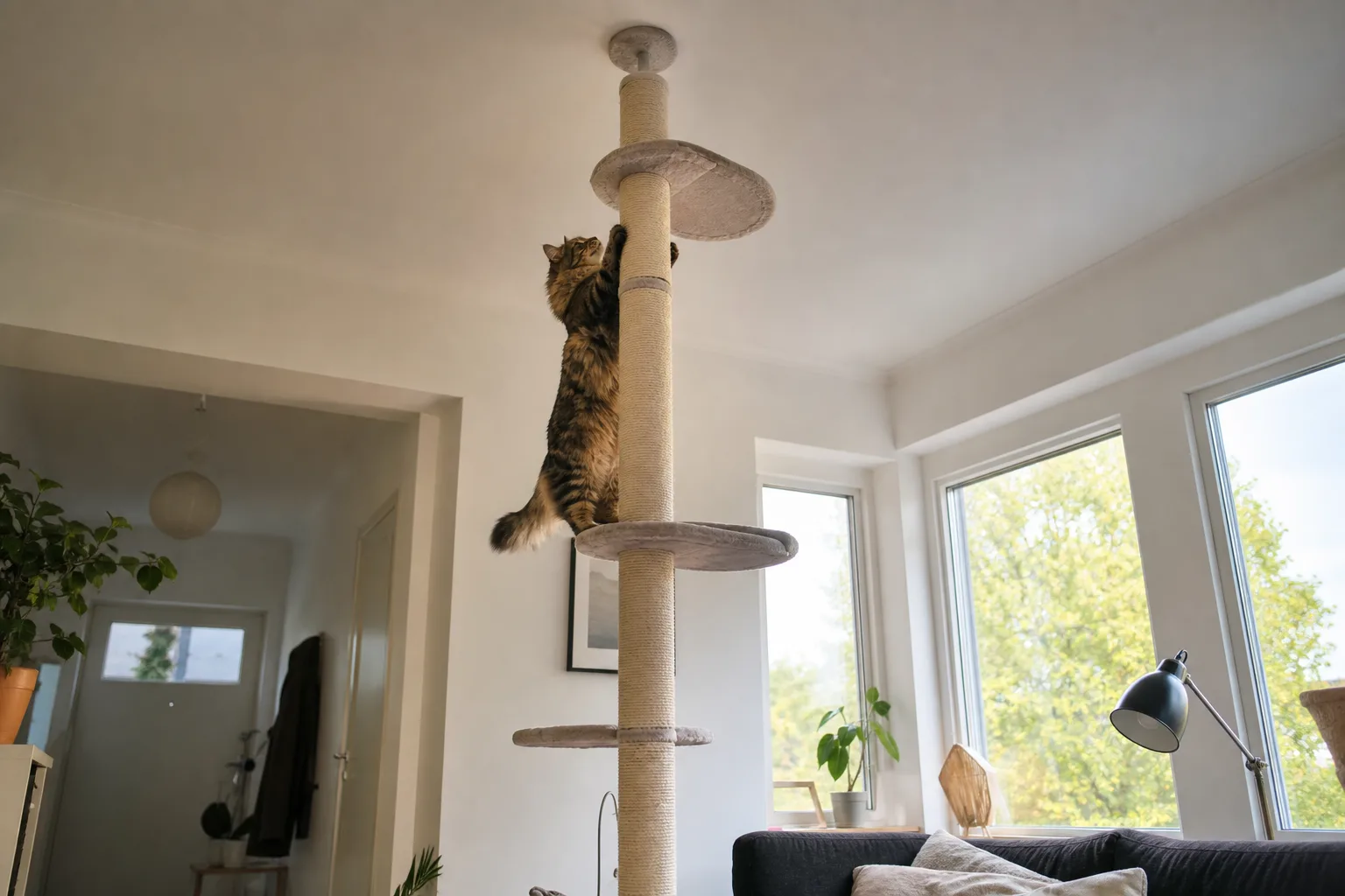 Stor långhårig katt klättrar högt upp på en pelare som når från golv till tak