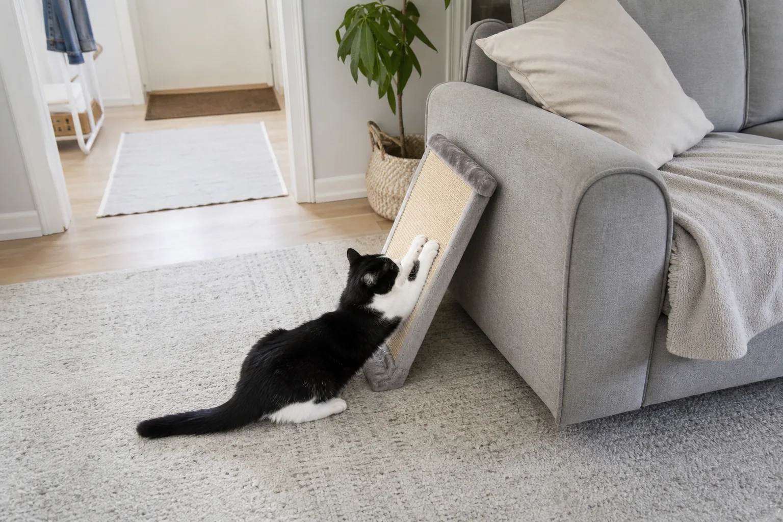 Svartvit katt klöser liggande på en sisalbräda som lutar mot soffkanten