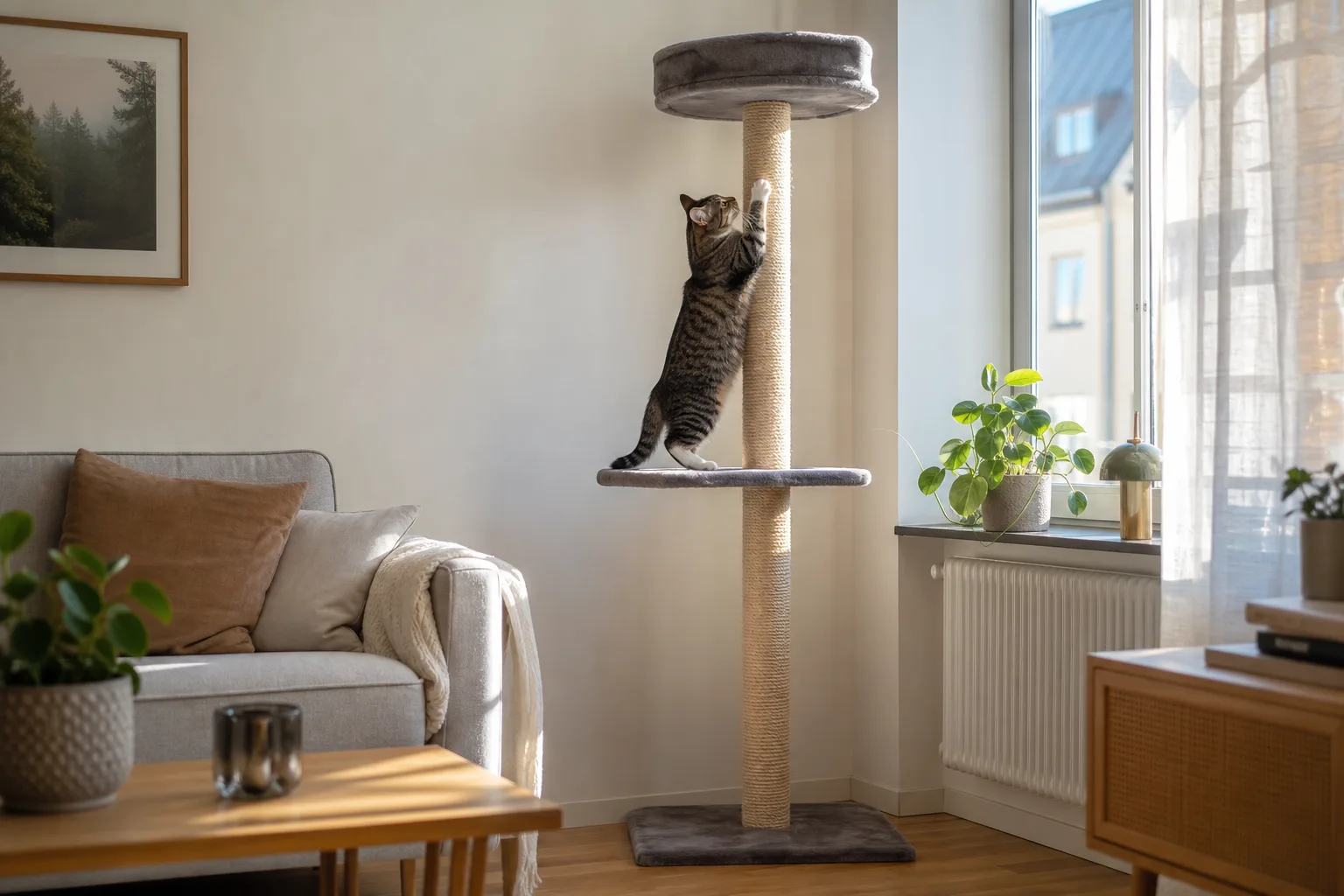 Ung katt klöser sig uppåt längs en hög sisalpelare i ett solbelyst vardagsrumshörn
