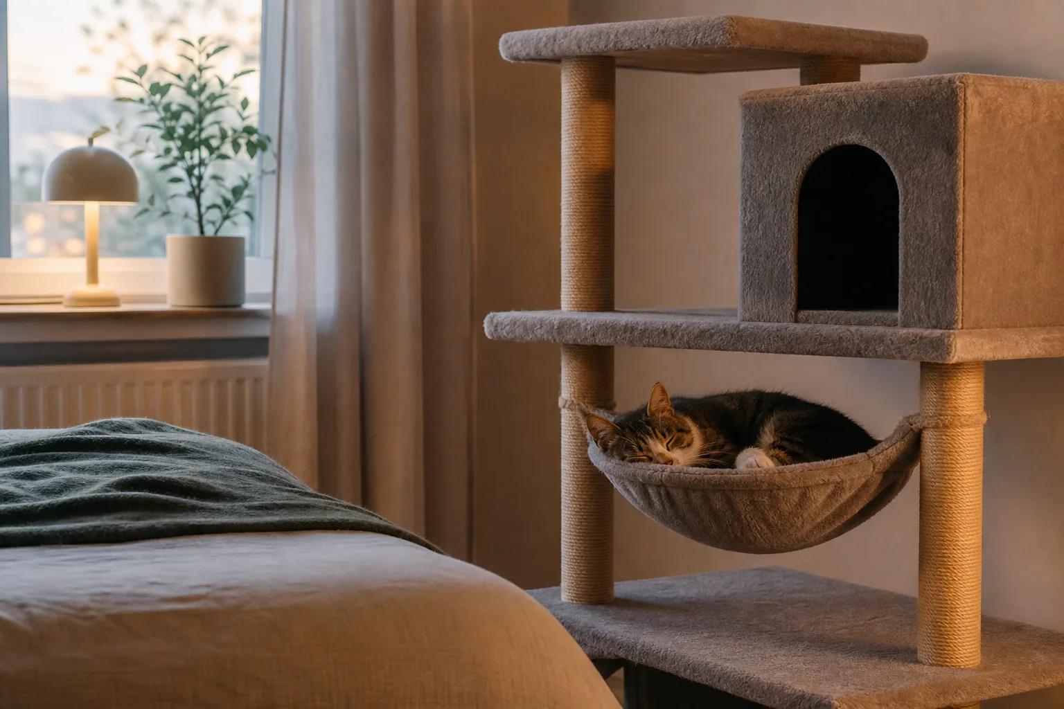 Äldre katt sover i hängmattan på en klösmöbel med inbyggd koja