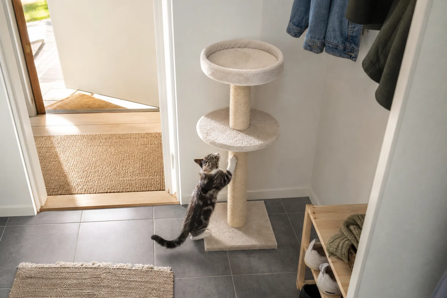 Kattunge undersöker ett litet klösträd i hörnet av en trång hall