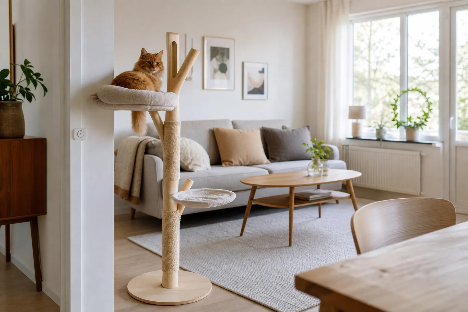 Röd katt vilar i en gren på en klösmöbel formad som ett smalt naturträ