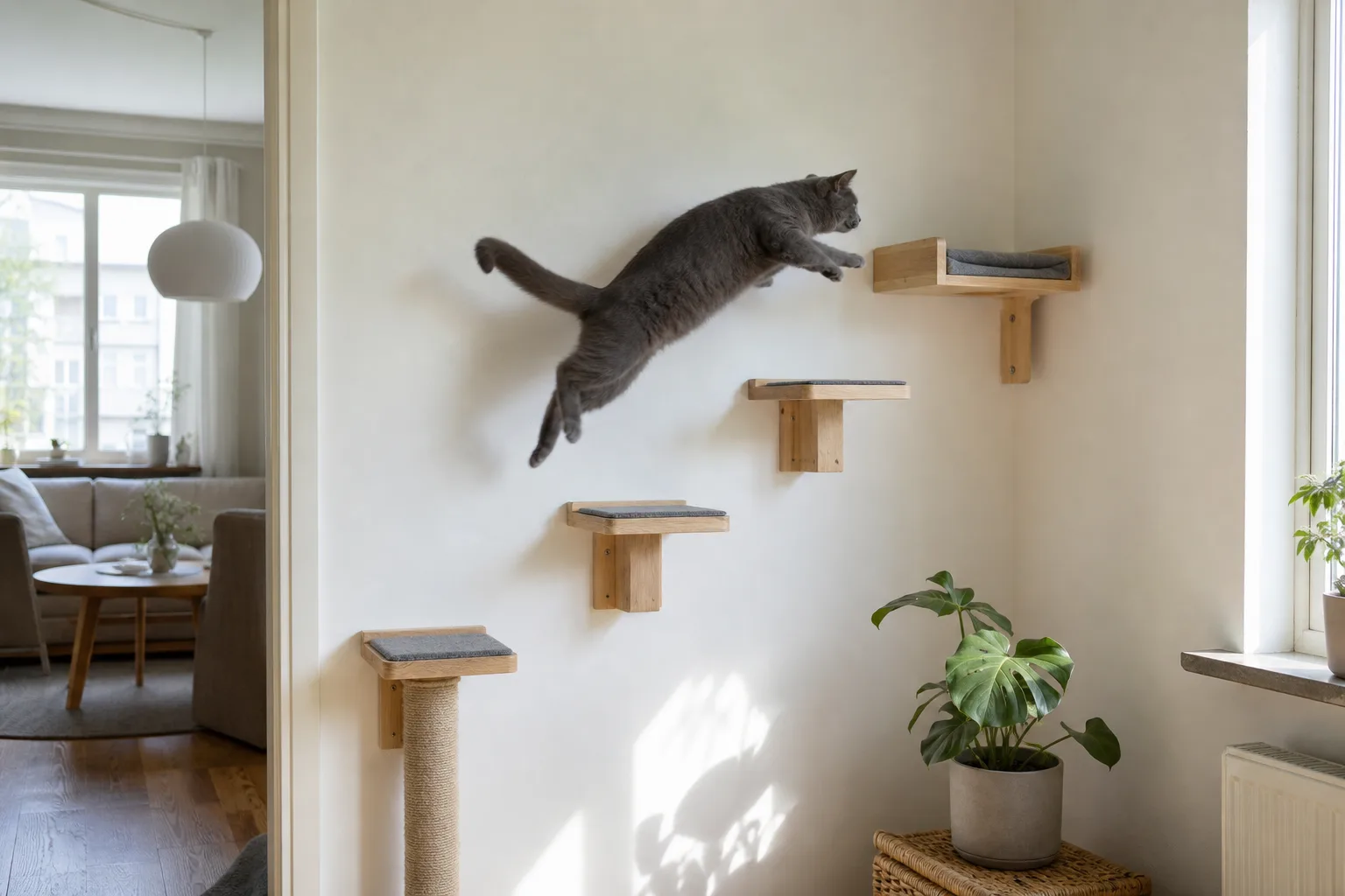 Grå katt hoppar mellan väggmonterade kattmöbler i trappstegsform